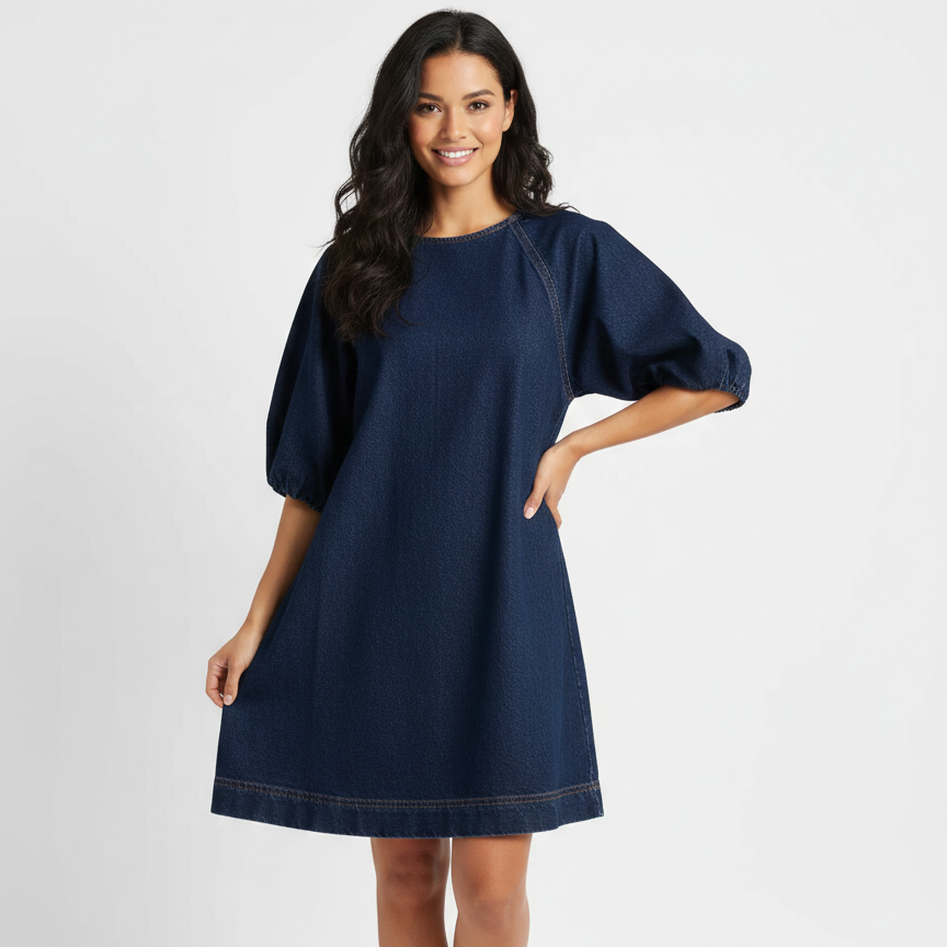 Cotton Denim Puff Sleeve Mini Dress