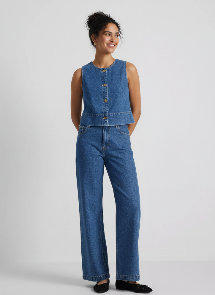 Cotton Denim Cropped Waistcoat