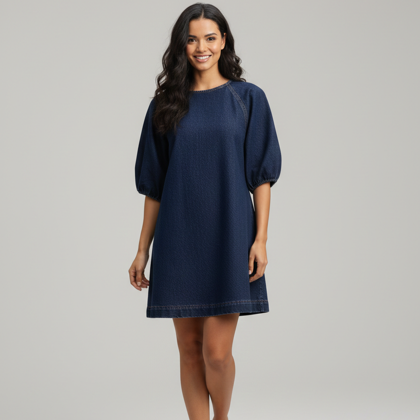 Cotton Denim Puff Sleeve Mini Dress